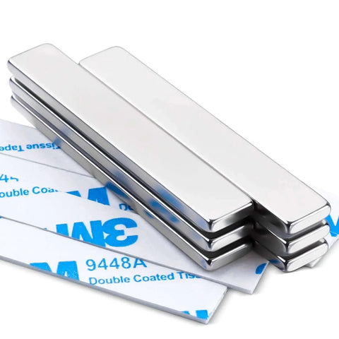 Six Pack Neodymium Bar Magnets With Adhesive Backing 60x10x3mm 18 Lb Pull for Crafts Office Storage Fridge Organization showing adhesive side