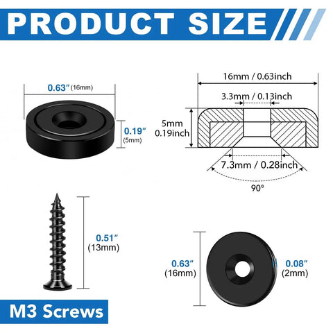 Neodymium Cabinet Magnets 20 Lb Holding Power 12 Pack With Holes And Iron Sheet Screws size guide illustration