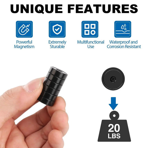 Neodymium Cabinet Magnets 20 Lb Holding Power 12 Pack with holes, held in hand, features waterproof and corrosion resistance, black color.