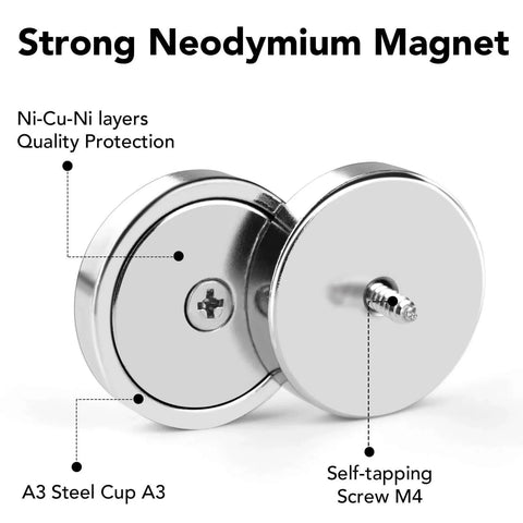 Two 150 Lb Cup Magnets With Holes For Wall Mounting Waterproof Neodymium Magnets With Screws on display showing layers and screw type.