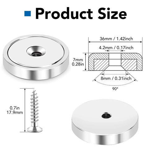 Product size diagram for 150 Lb Cup Magnets With Holes For Wall Mounting Waterproof Neodymium Magnets With Screws 6 Pack