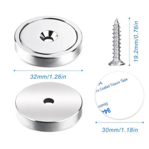 Beefy Six Pack Neodymium Cup Magnets Set With 110 Pound Holding Power, shown with sizes and stainless screw for mounting.