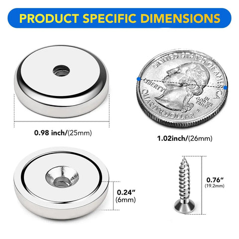 Heavy Duty Neodymium Cup Magnets 60 Lbs Holding Power With Countersunk Holes And Stainless Screws 0.98 Inch Round Base dimensions