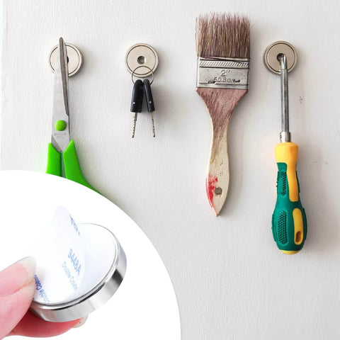 Beefy Six Pack Neodymium Cup Magnets Set With 110 Pound Holding Power used to hold tools on wall, includes adhesive and screws.
