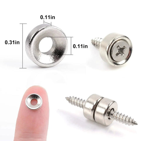 60 Pcs Neodymium Disc Magnets With Mounting Hole 3 Mm shown with dimensions, screws, and finger for scale; rust-resistant finish visible