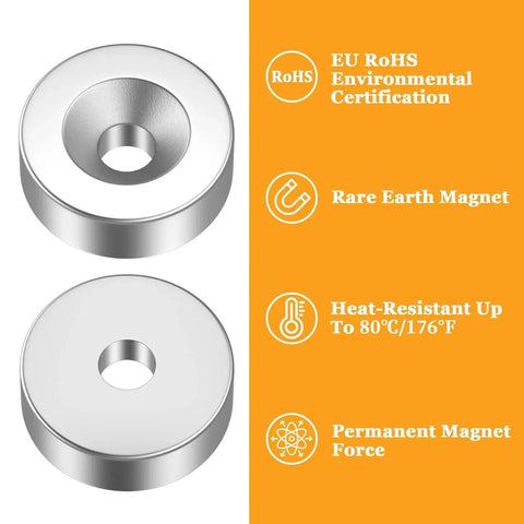 60 Pcs Neodymium Disc Magnets With Mounting Hole 3 Mm Heavy Duty Rare Earth Magnets For Cabinets Lockers Crafts DIY Projects Industrial Use Rust Resistant Electroplated Finish Suitable For Home Office Workshop Storage And Industrial Applications, two magnets with EU RoHS certification icons.