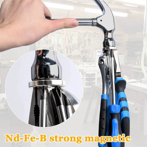 Close-up of a hammer suspended by 60 Pcs Neodymium Disc Magnets With Mounting Hole 3 Mm Heavy Duty Rare Earth Magnets in workshop.