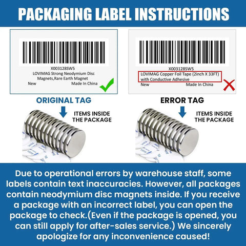 Packaging label instructions for Neodymium Disc Magnets 32mm Diameter 3mm Thick With Double Sided Adhesive Pack Of 12