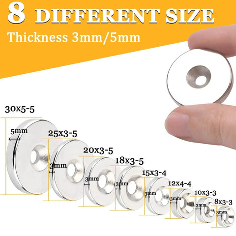 60 Pcs Neodymium Disc Magnets With Mounting Hole 3 Mm Heavy Duty Rare Earth Magnets displayed in 8 different sizes