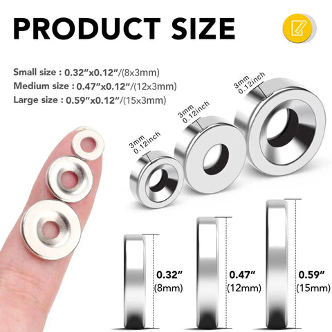 Strong Neodymium Disc Magnets With Hole For Cabinets And Crafts, 0.32 Inch, 0.47 Inch, And 0.59 Inch Diameters, size comparison