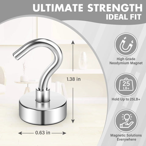 Silver high-strength neodymium magnet hook with dimensions, holding capacity, and feature icons shown on the side.
