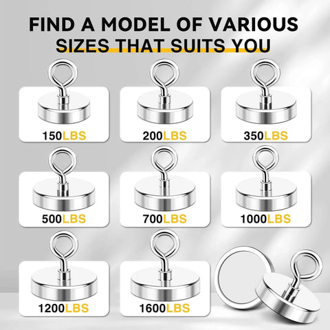 Multiple neodymium fishing magnets with different weight capacities, including a 2 inch neodymium fishing magnet with 350 lb pull heavy duty salvage tool