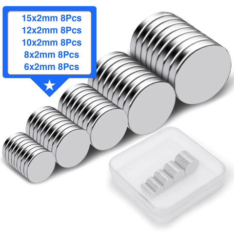 Neodymium Magnets 40 Pack In Five Sizes For Refrigerator Crafts Kitchen And Office Use Rust Resistant, displayed with dimensions and storage case