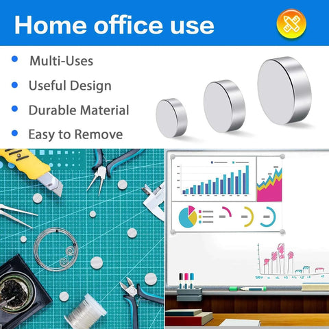 Rare Earth Neodymium Magnets 400 Pcs Set In 3 Sizes for Crafts DIY Fridges Whiteboards Cabinets Nickel Finish shown in use.
