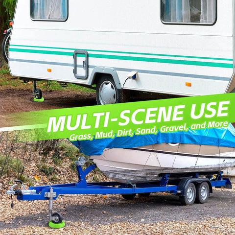 Installed Trailer Jack Wheel Chock For Front Jack Wheel By MaxxHaul, Anti Sink Ground Plate In High Visibility Neon Green, preventing movement