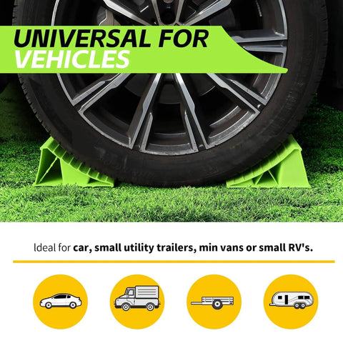 Neon Green High Visibility Wheel Chocks 2 Pack With Non Slip Base For Cars Trailers Minivans And Small RVs Durable Polypropylene Construction Fits Tires Up To 26 Inches By MaxxHaul installed under tire on grassy surface.