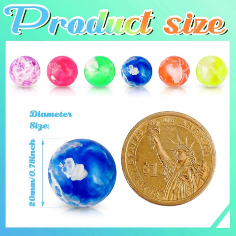 Assorted neon mini rubber bouncy balls next to a coin for size comparison, 20 mm diameter. Small Bouncy Balls in Bulk Rubber High Bouncing Balls