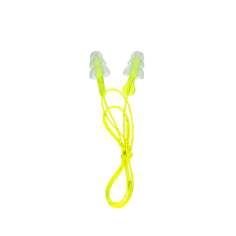 Tri Flange Corded Reusable Earplugs With 26 dB NRR In Neon Yellow showing tri-flange design and corded construction.