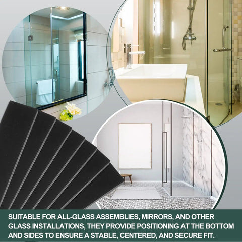 Image showing black neoprene setting blocks with glass installations. 200 Pack Neoprene Setting Blocks For Glass Centering And Channel Installations Cushioned Spacers For Secure Support And Precise Alignment One Eighth By One Half By Two Inches Black.