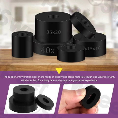 Round Spacer Assortment Kit With Six Sizes 20x20x10mm 25x10x10mm 27x6x10mm 30x15x10mm 35x20x10mm 40x10x12mm Anti Vibration Black Neoprene Rubber Washers For Home And Car Accessories Swpeet shown on a table with close-up of hand holding washer.