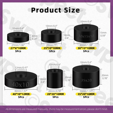 Diagram of Round Spacer Assortment Kit with Six Sizes 20x20x10mm 25x10x10mm 27x6x10mm 30x15x10mm 35x20x10mm 40x10x12mm.