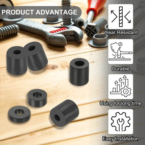 Reduce vibration and noise with 20 durable neoprene anti vibration spacers arranged on a wooden surface with tools in background.
