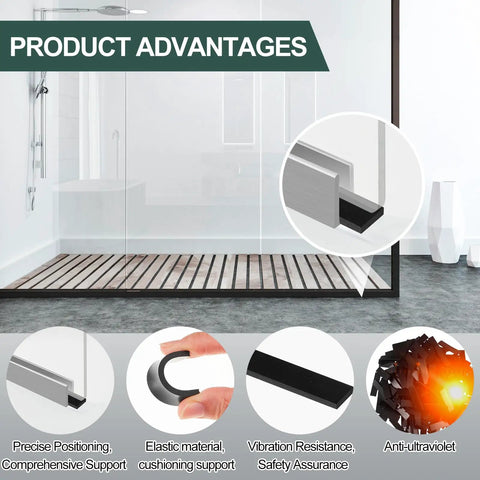 200 Pack Neoprene Setting Blocks For Glass Centering And Channel Installations Cushioned Spacers, shown in use in a shower enclosure.