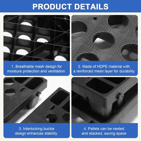 Nestable HDPE Plastic Pallet Set, Lightweight Yet Durable 6 Pack With Breathable Grid Design details and features