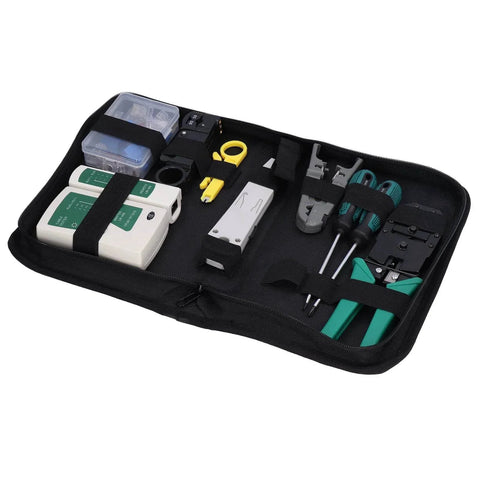 Network Cable Tool Set, Wire Stripper Pliers Repair Maintenance Kit in storage case, showing tools for UTP STP and flat cables.