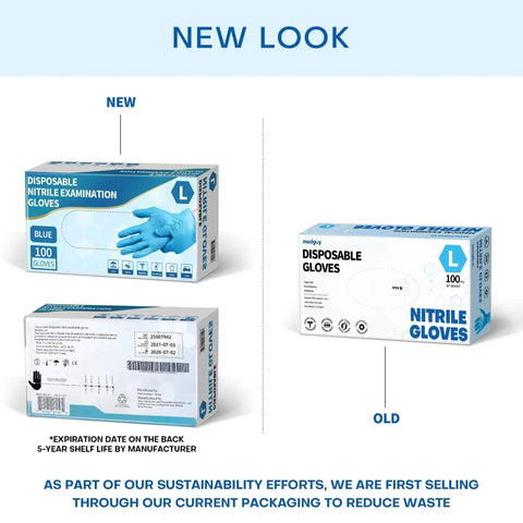 New packaging design for Powder Free Nitrile Exam Gloves 4.5 Mil Blue Large 100 Pcs Latex Free Food Safe compared to old packaging.