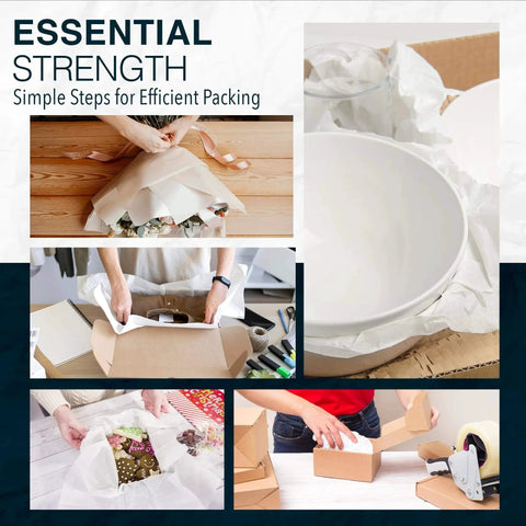 Collage of using Newsprint Packing Paper Bulk 320 Sheets 27x17 Inches 10 Lb for moving and cushioning in various packing steps