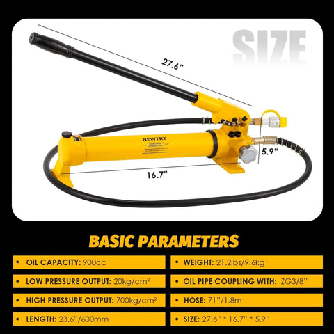 NEWTRY Hydraulic Hand Pump CP-700 10000psi Manual Hydraulic Pump with size dimensions and specifications displayed