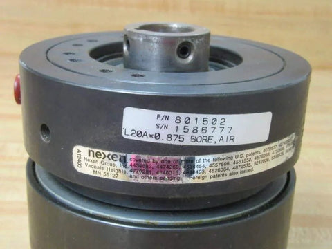 Close-up of Nexen Group 801502 Air TL-A Torque Limiter with 0.875in bore, showing part numbers and label details.
