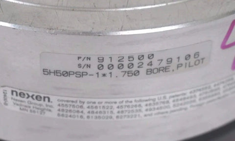 Close-up of Nexen 912500 5H50PSP Single Position Tooth Clutch label showing part number and specifications.