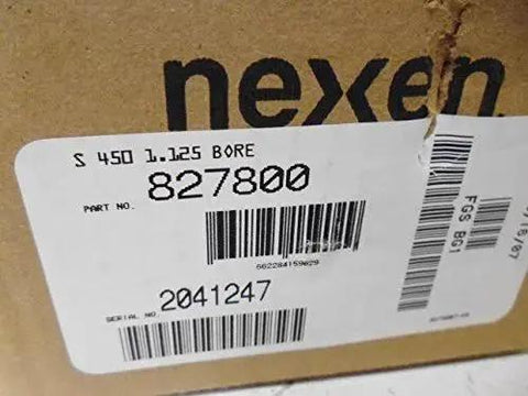 Label on packaging for a single unit shaft mounted friction brake, showing 1.125 bore dimensions and part number 827800.