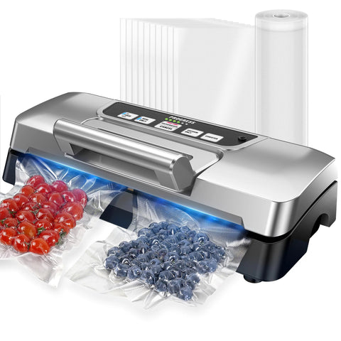 Amazon Next Gen vacuum sealer, silver kitchen machine with control panel, starter bags and rolls.