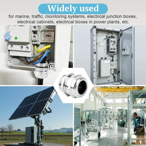 Image showing Set Of Four NPT 3/4 Inch Nickel Plated Copper Waterproof Cable Glands With IP68 Sealing in various industrial uses.