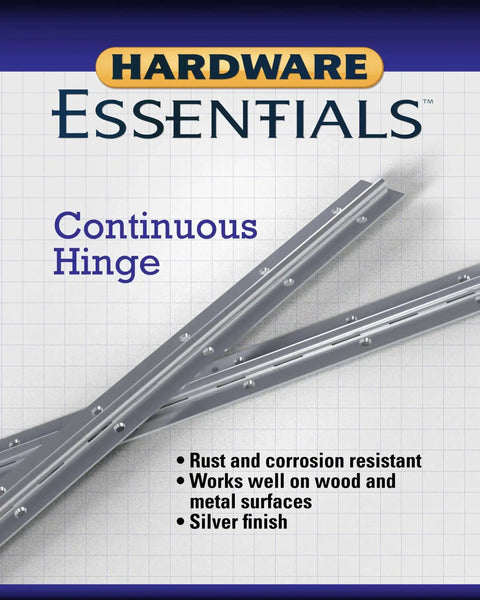 Heavy-Duty Continuous Pin Piano Hinge, 36 Inch By 1-1/2 Inch, Nickel Plated, shown on package with rust resistance info.