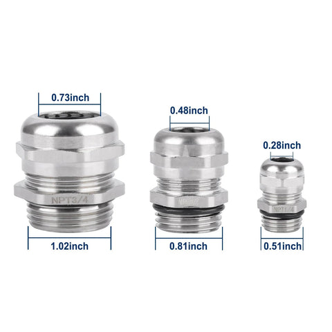 Three sizes of beefy three quarter inch NPT nickel plated copper waterproof cable glands with measurements in inches shown.