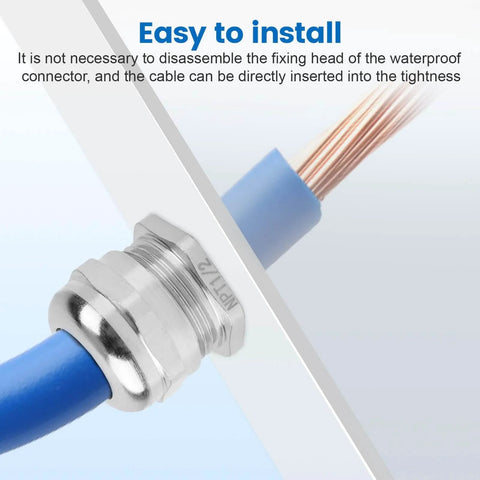 4 Pack Half Inch NPT Nickel-Plated Copper Waterproof Beefed-Up Cable Glands With IP68 Rating installed with blue cable