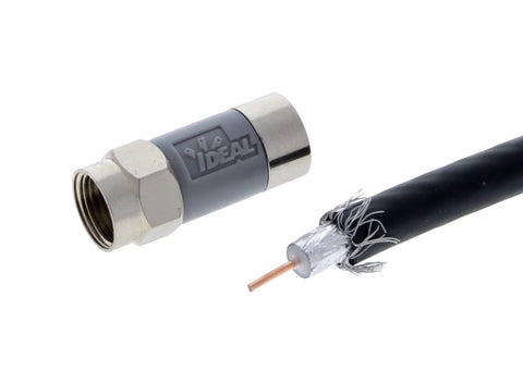 IDEAL push-on F-connector, nickel finish, 4-pack, with stripped coax cable showing copper center and shielding