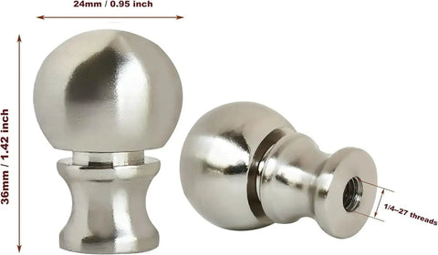Ball Lamp Finial Set Two Pack In Nickel Finish For Lamp Shades And Harps, shown with dimensions and dual threading detail.
