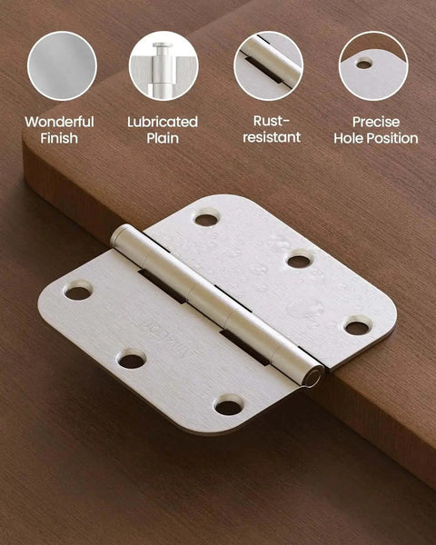 Brushed Nickel Hinges Set 30 Pack Three And A Half Inch Rounded With Five Eighth Radius for doors installed on wood