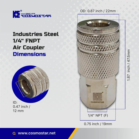1/4 Inch Air Coupler Quick Connect CFNPT Style Nickel Plated Steel Industrial Pneumatic Coupler With 1/4 Inch Flow Size And 1/4 Inch Female NPT Thread Built Tough For Daily Shop Use And Universal Tool Compatibility showing dimensions.