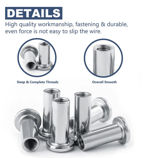 Close-up of nickel-plated binding post screws from 15 Pcs M6 x 20mm Binding Post Screws Socket Cap Furniture Bolts Nickel Plated With Hex Nuts Insert Nuts And Countersunk Rivet Style Fasteners For Cabinets Beds And DIY Furniture Repair Durable Heavy Duty Hardware Kit, showing the deep and complete threads.