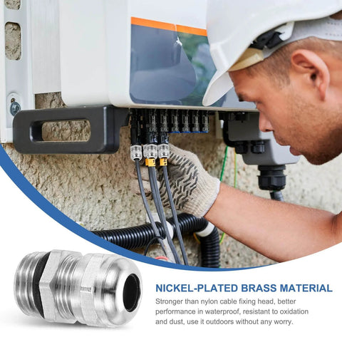Waterproof Cable Glands NPT 1/4-Inch Six Pack Nickel Plated Brass Cord Grips being installed in outdoor electrical box