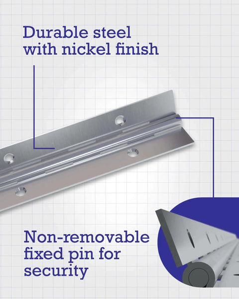 Heavy-Duty Continuous Pin Piano Hinge, 36 Inch By 1-1/2 Inch, Nickel Plated; close-up showing fixed pin and nickel finish