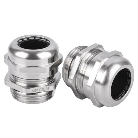Beefy Three Quarter Inch NPT Nickel Plated Copper Waterproof Cable Glands Four Pack With IP68 Rating, shown in close-up view