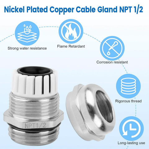 4 Pack Half Inch NPT Nickel-Plated Copper Waterproof Beefed-Up Cable Glands With IP68 Rating shown with flame retardant features.