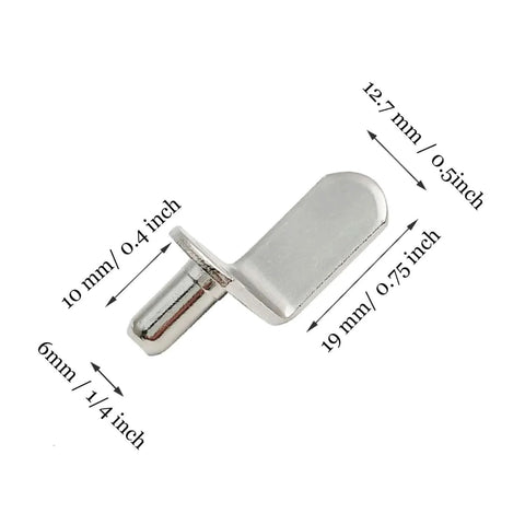 Nickel plated bracket style shelf pin with dimensions, part of 60 Pieces Shelf Bracket Pegs Stainless Steel Shelf Pins Support, 3 styles.